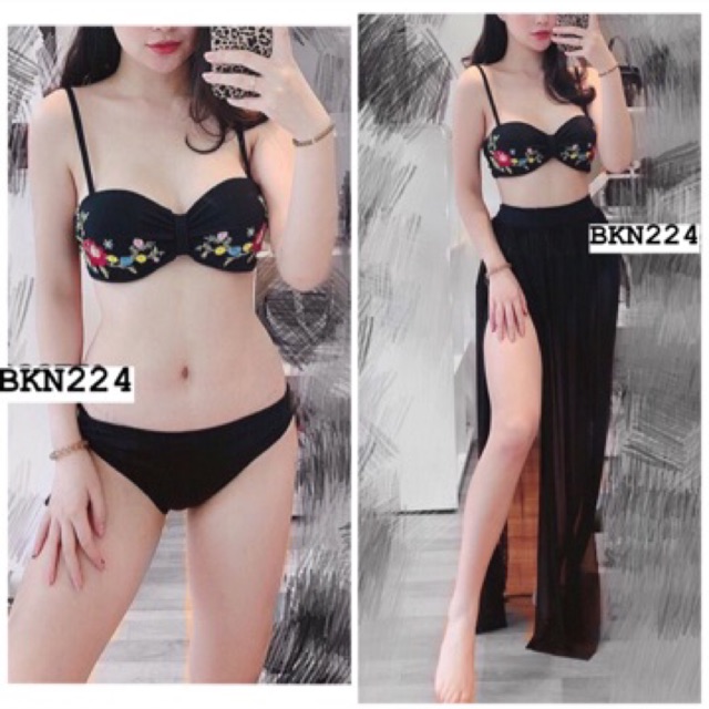 [BKN224] <HÀN> SET BIKINI 3 MÓN ĐEN THÊU HOA KÈM CHÂN VÁY DÀI KIỂU HÀN (CÓ GỌNG)