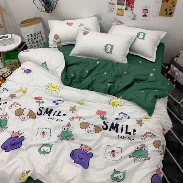Bộ vỏ chăn ga gối cotton poly mẫu Ếch Smile