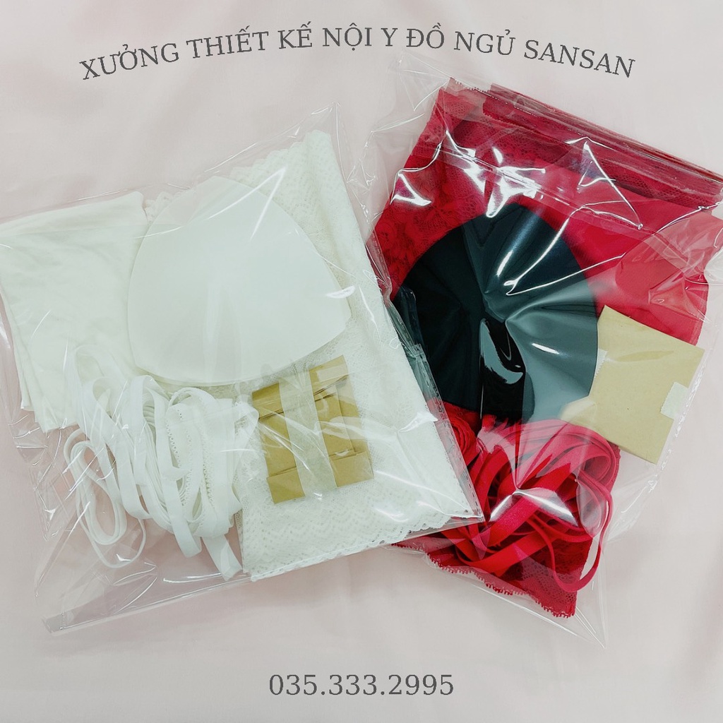 Set phụ liệu may trọn bộ áo lót và quần lót ren kèm dây chun, móc, khuyên, nơ
