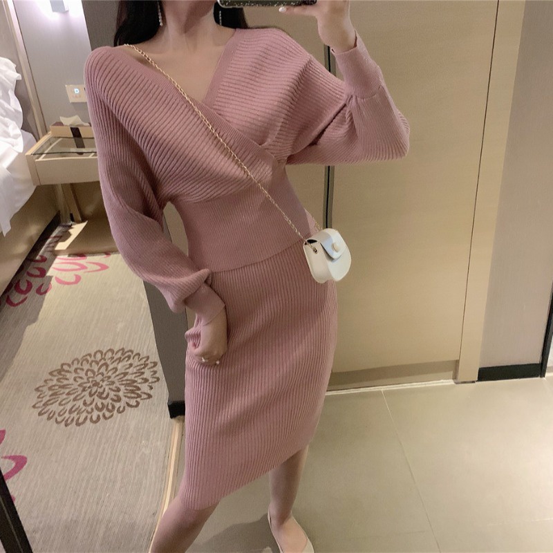 Set váy len nữ hàng Quảng Châu sét áo len cánh rơi tay dài và chân váy hàng dệt kim cao cấp