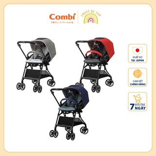 Xe đẩy Combi Sugocal Compact 4 bánh quay tự động màu đỏ/xanh Navy/ghi