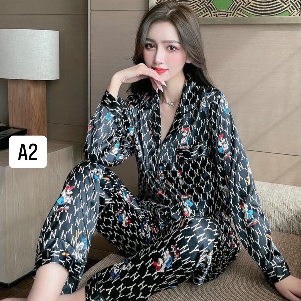 Đồ bộ nữ pijama lụa dài tay satin cao cấp mặc nhà mềm mịn thoải mái hàng Quảng Châu A1A8