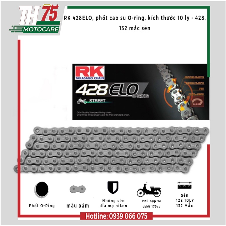 XẢ KHO Sên xe máy RK 428ELO, phốt cao su O-ring, kích thước 10 ly - 428, 132 mắc sên