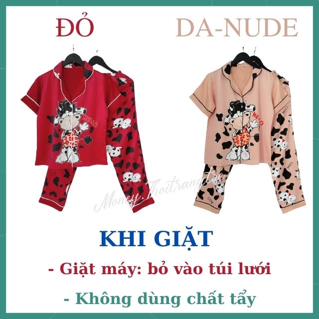 Đồ Bộ Ngủ Mặc Nhà Pijama Nữ Lụa Satin Cao Cấp Không Nhăn Họa Tiết Bò Sữa Tay Ngắn Quần Dài Vải Mềm Thấm Hút Mồ Hôi S M