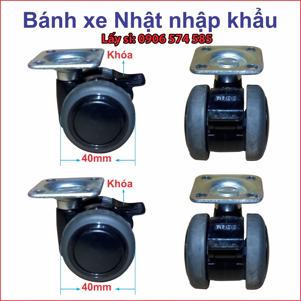 Bộ 4 bánh xe 40mm hàng nhập Nhật Bản nội địa, bánh xe cho loa kéo, xe đẩy hàng , tủ nhôm, tủ gỗ