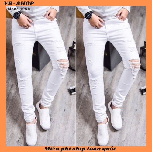 Quần jean nam trắng trơn rách cá tính co giãn bốn chiều xuất khẩu mã 712