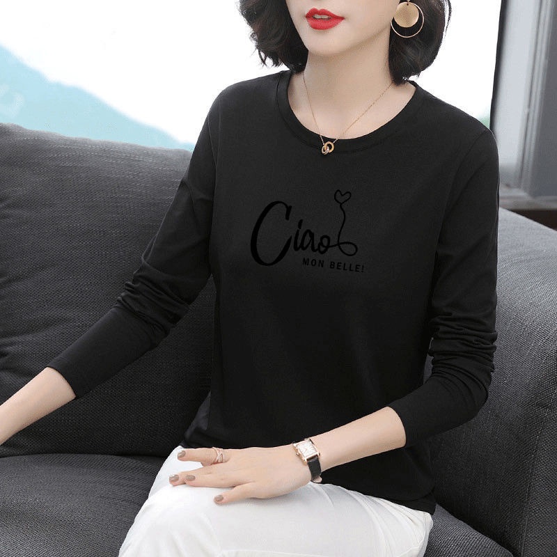 Áo thun cotton mỏng tay dài cổ tròn dáng rộng thời trang cho phụ nữ trung niên