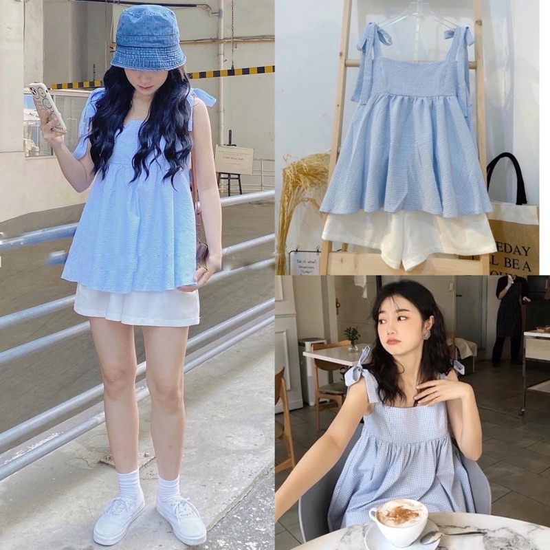 Set áo adela kẻ dáng babydoll hai dây cute và quần sooc (ảnh thật shop chụp kèm video)