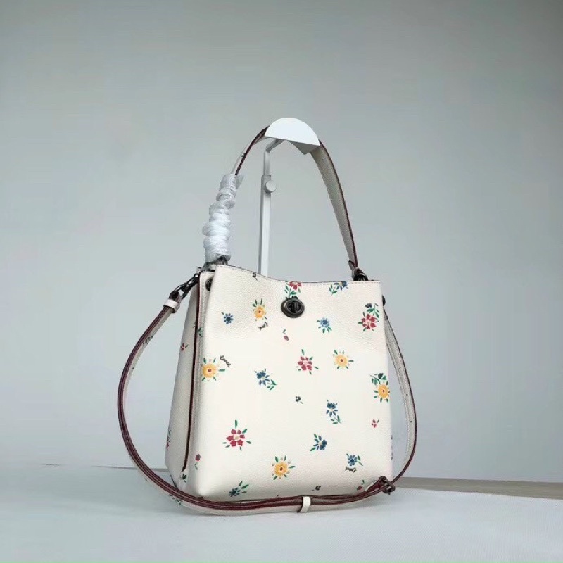 Sale Túi xách nữ da thật Coach bucket hoa phun nổi sang và cầu kỳ size vừa