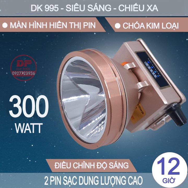 Đèn đội đầu pin sạc DK995 - 300w led siêu sáng - 2 pin sạc dung lượng cao - hiển thị pin