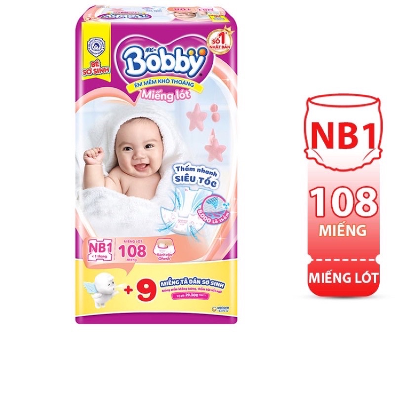 Miếng lót bobby newborn 1 108 miếng ( bé dưới 5kg ) - tặng kèm 9 miếng tả dán