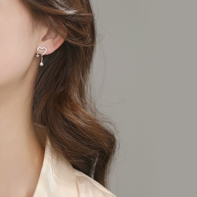 Hoa tai bạc S925 - Bông tai bạc nữ S925 hình trái tim sao đính đá dễ thương Vườn Trang Sức VTS HT0104