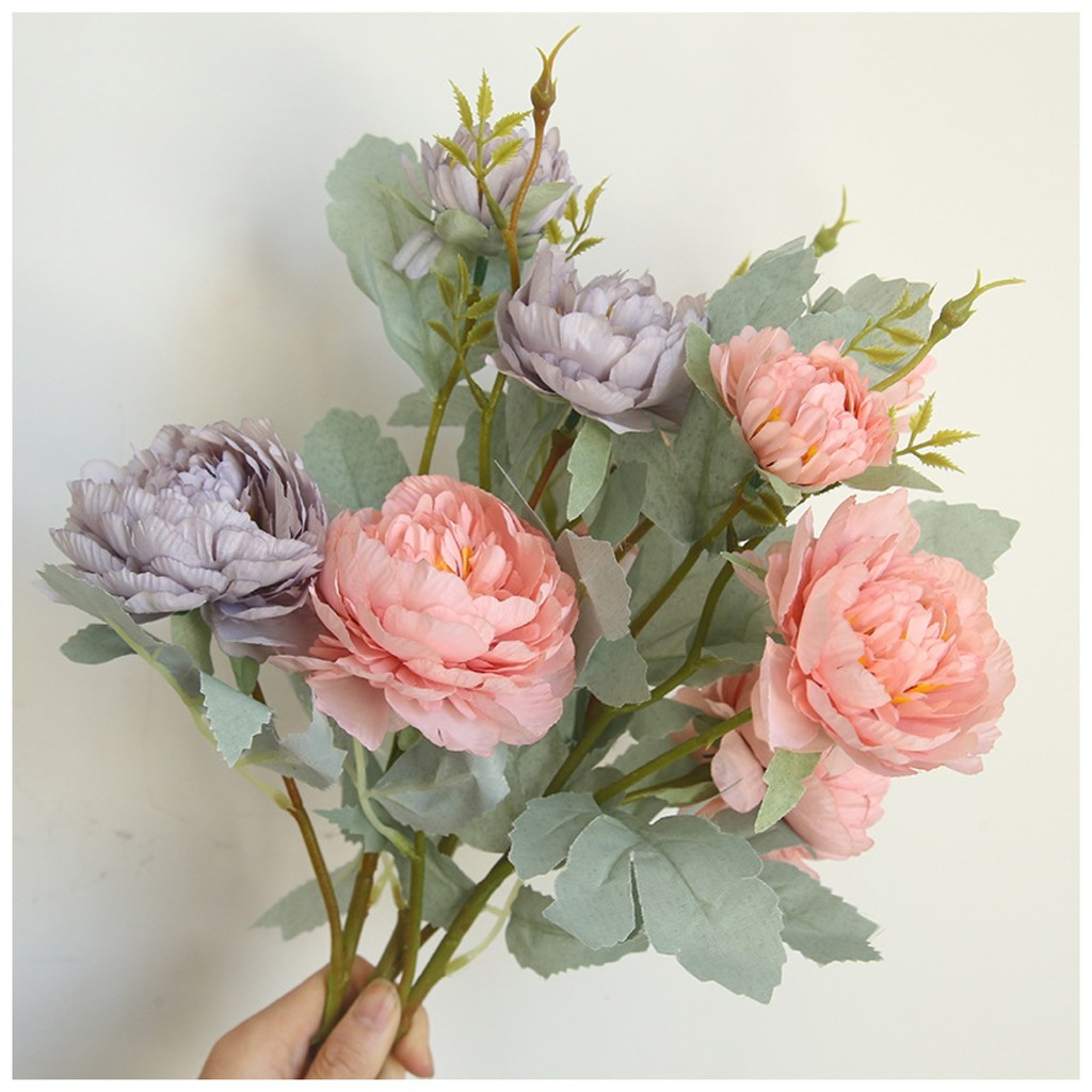 Giá sỉ-Hoa hồng mẫu đơn cao cấp loại 1-Hoa giả-Hoa lụa-Cành 3 bông 1 nụ size 65,5cm