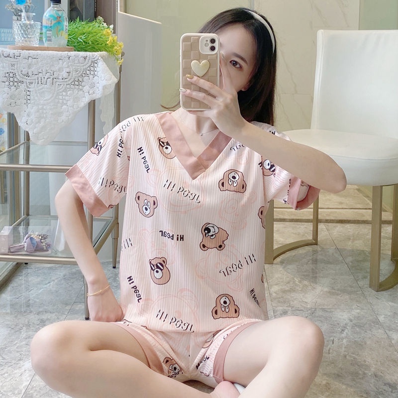 New V-collar pajamas, summer shorts, Korean version, lovely cartoon leisure, thin ladies' set, home clothes.