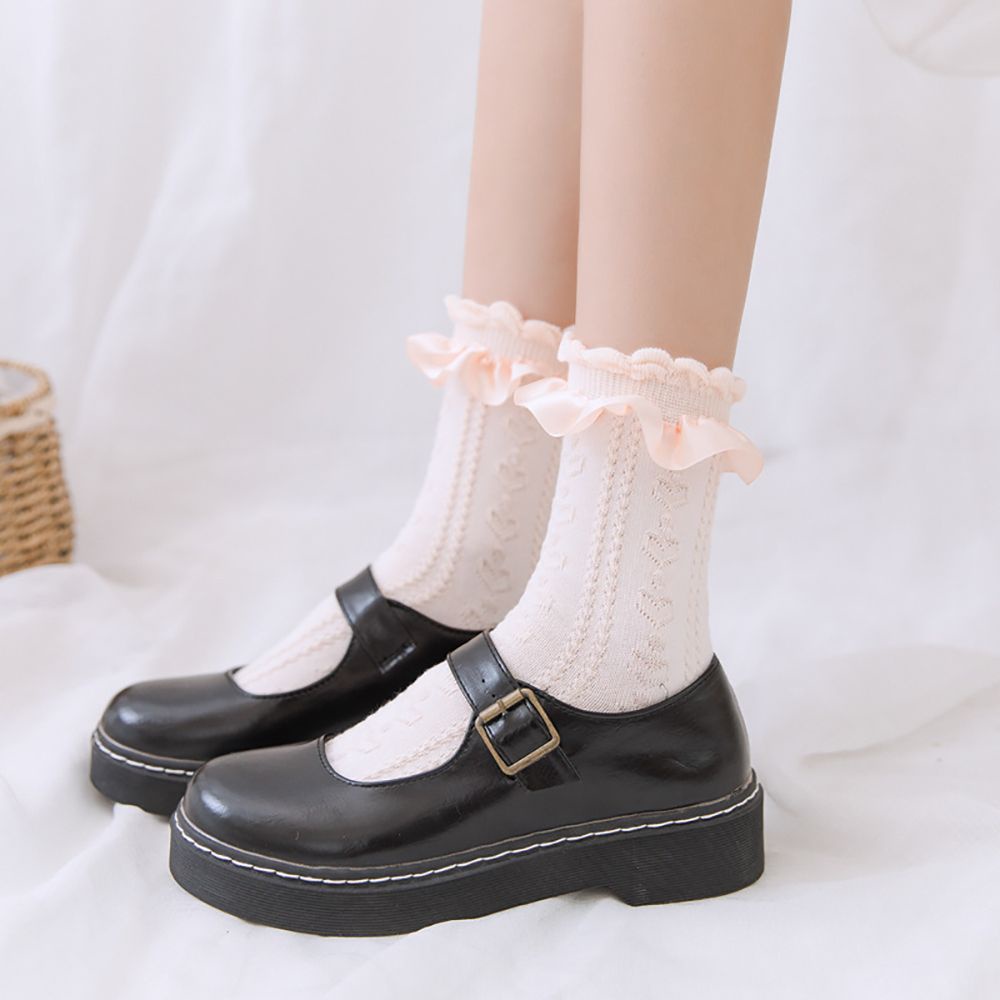 Vớ Cotton Mềm Mại Phối Lưới Màu Trơn Họa Tiết Trái Tim Dễ Thương Cho Nữ