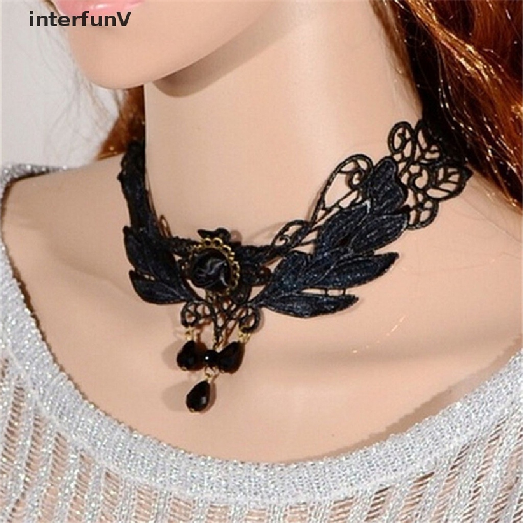 [InterfunV] Vòng Cổ Choker Ren Mặt Giọt Nước Mắt Đen Đính Hạt Phong Cách Lolita Mới Cho Nữ