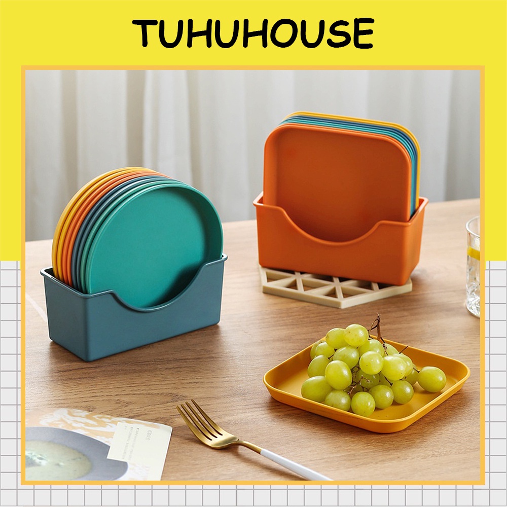 Bộ 8 đĩa nhựa kèm khay đựng thức ăn vặt, bánh kẹo tiện dụng cho gia đình - TUHUHOUSE