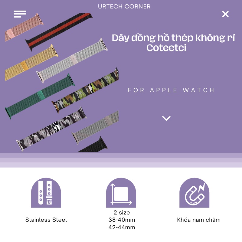 Dây đồng hồ thép không rỉ Apple Watch Coteetci Urtechcorner stainless Milan hai cỡ dùng cho 4 size cho series 1-6/SE