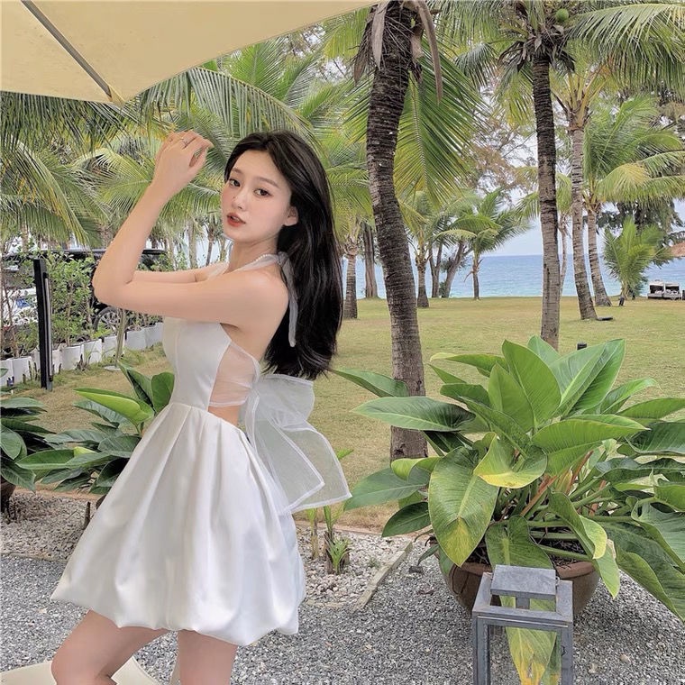 Đầm Ngắn Lưng Cao Thắt Nơ Màu Trắng Quyến Rũ Cho Nữ