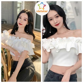 Áo trễ vai croptop nữ tay ngắn dáng bèo tiểu thư màu trắng chất voan lụa mềm mát - VIETSTAR