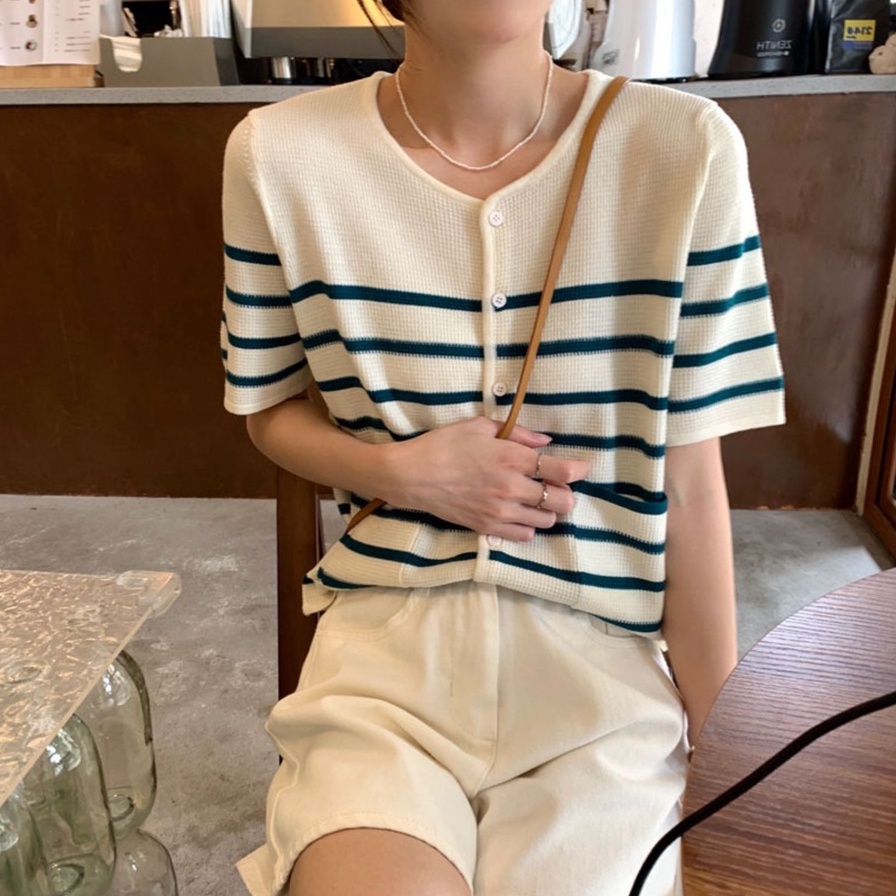 Áo cardigan dệt kim ZHELIHANGFEI tay ngắn cổ tròn họa tiết sọc đơn giản dễ thương