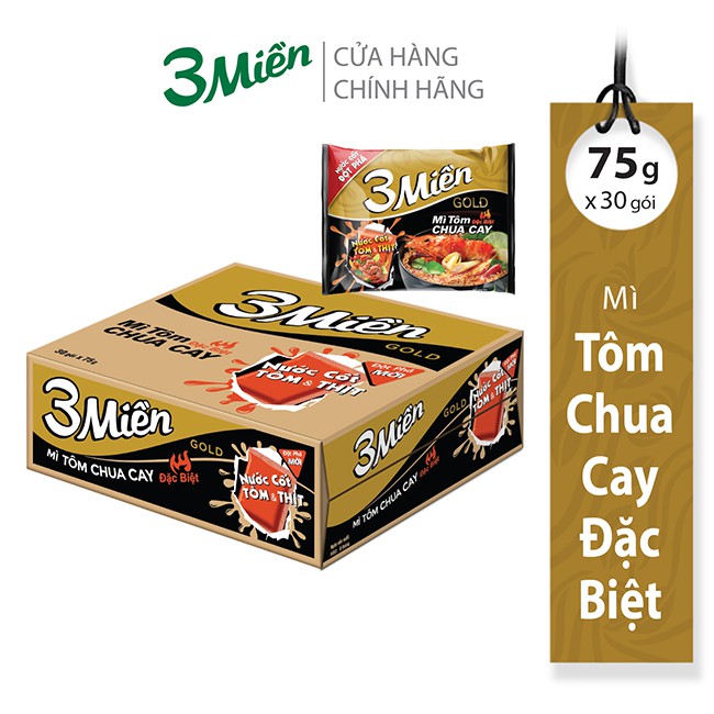 Thùng Mì Gói 3 Miền Gold Tôm Chua Cay Đặc Biệt 75g x 30 gói