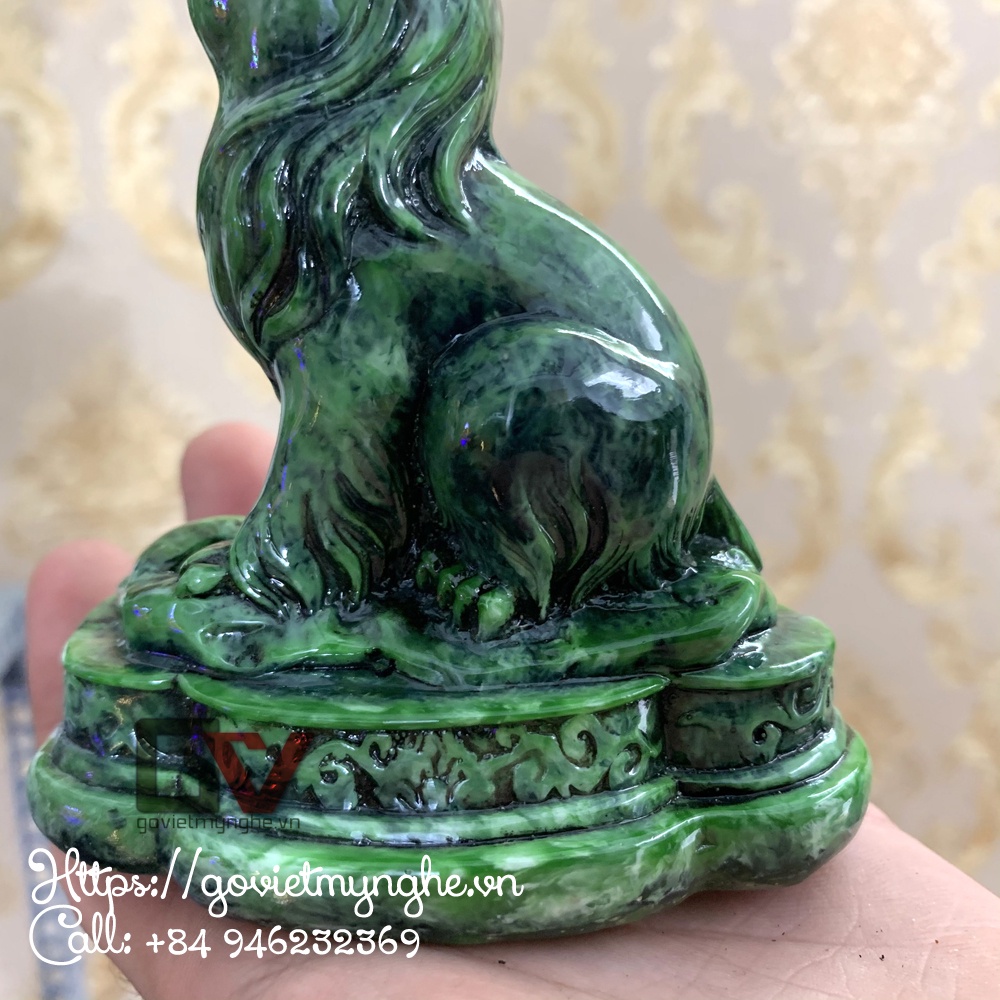 Tượng đá con mèo phong thủy trang trí ôm tài lộc phát tài phát lộc trang trí để bàn - Cao 10cm - Màu xanh lục bích