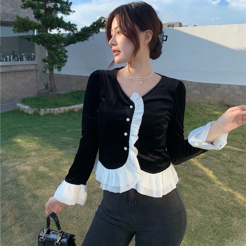 Áo nhung tay dài phối bèo thời trang mùa đông dễ phối đồ