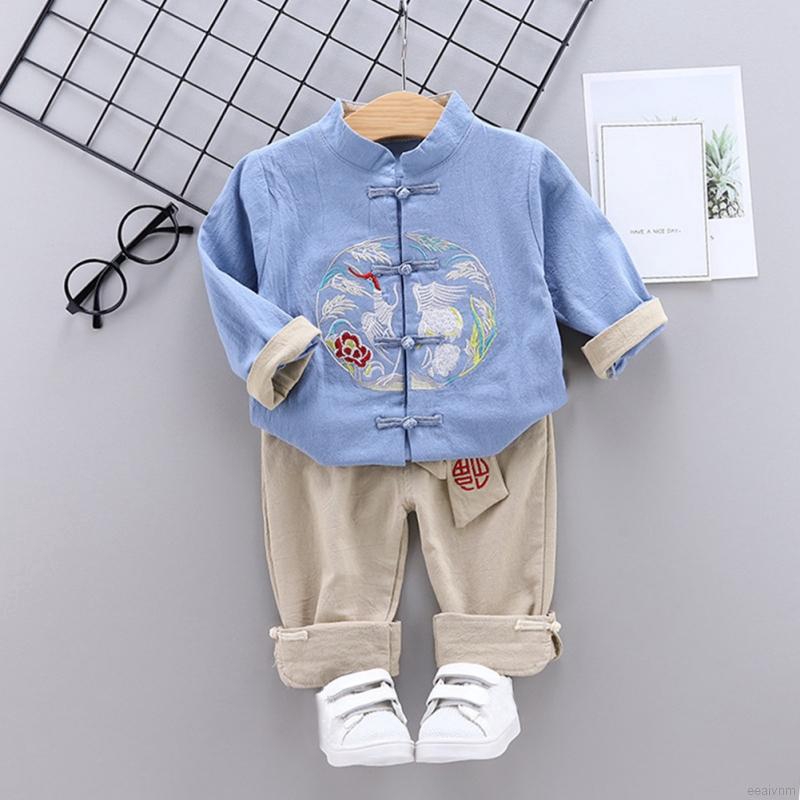 Bộ 2 món áo + quần tay dài bằng cotton in họa tiết thuê cho bé trai