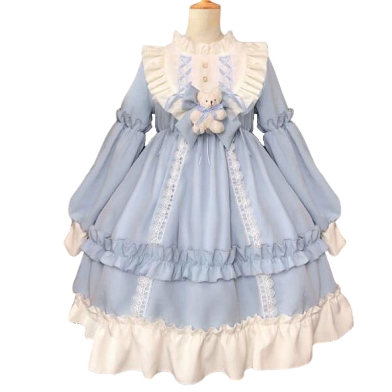 Brroa Đầm Lolita Công Chúa Tay Phồng Dài Phồng Cổ Đứng Phối Bèo Đính Nơ Gấu Bông Đáng Yêu Cho Nữ Hóa Trang