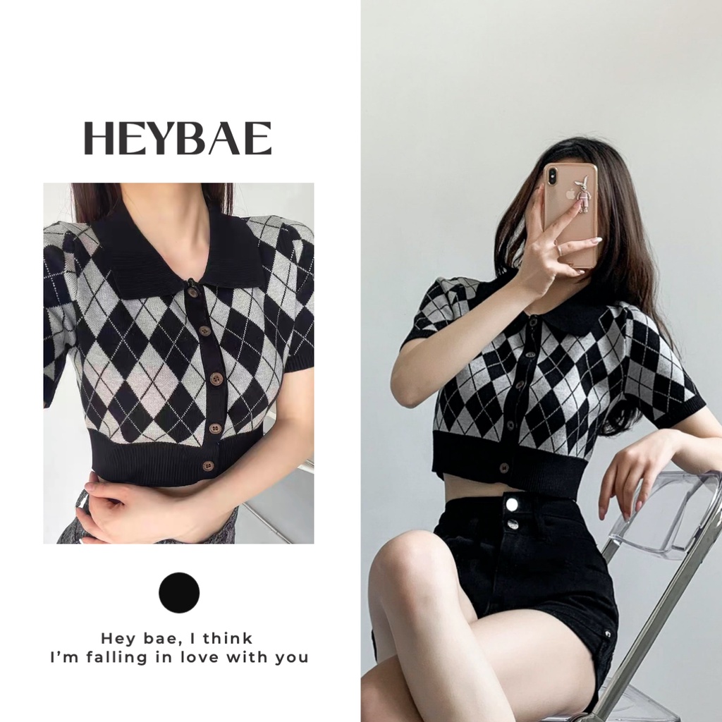 Áo Len Croptop Kẻ Caro Celia HEYBAE cổ polo bẻ hoạ tiết quả trám dáng ôm sexy đáng yêu cho nữ P3-K8