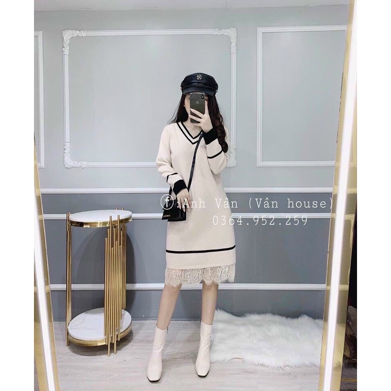 Váy len suông tay dài cổ tim phối chân ren dễ thương, chất len đẹp, dày dặn, không bai xù, phom dáng xinh xắn, dưới 60kg