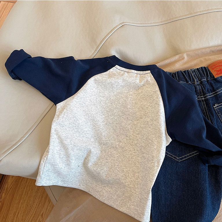 Áo Thun Tay Dài 100% Cotton Màu Sắc Tương Phản Phong Cách Hàn Quốc Cho Bé