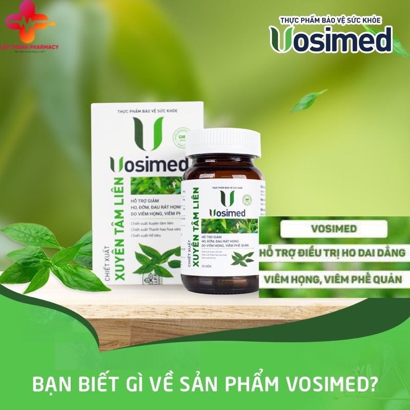 Thực phẩm hỗ trợ giảm ho, viêm họng VOSIMED CHIẾT XUẤT XUYÊN TÂM LIÊN hộp 30 viên