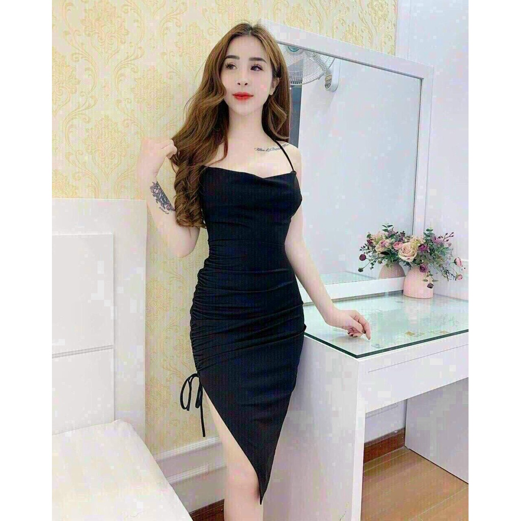 Đầm Body ⚡𝙎𝙄𝙀̂𝙐 𝙎𝘼𝙇𝙀⚡ Đầm Nữ Dáng Ôm 2 Dây Cổ Đổ Rút Dây Hông ( Có Mút Ngực ) - 70061