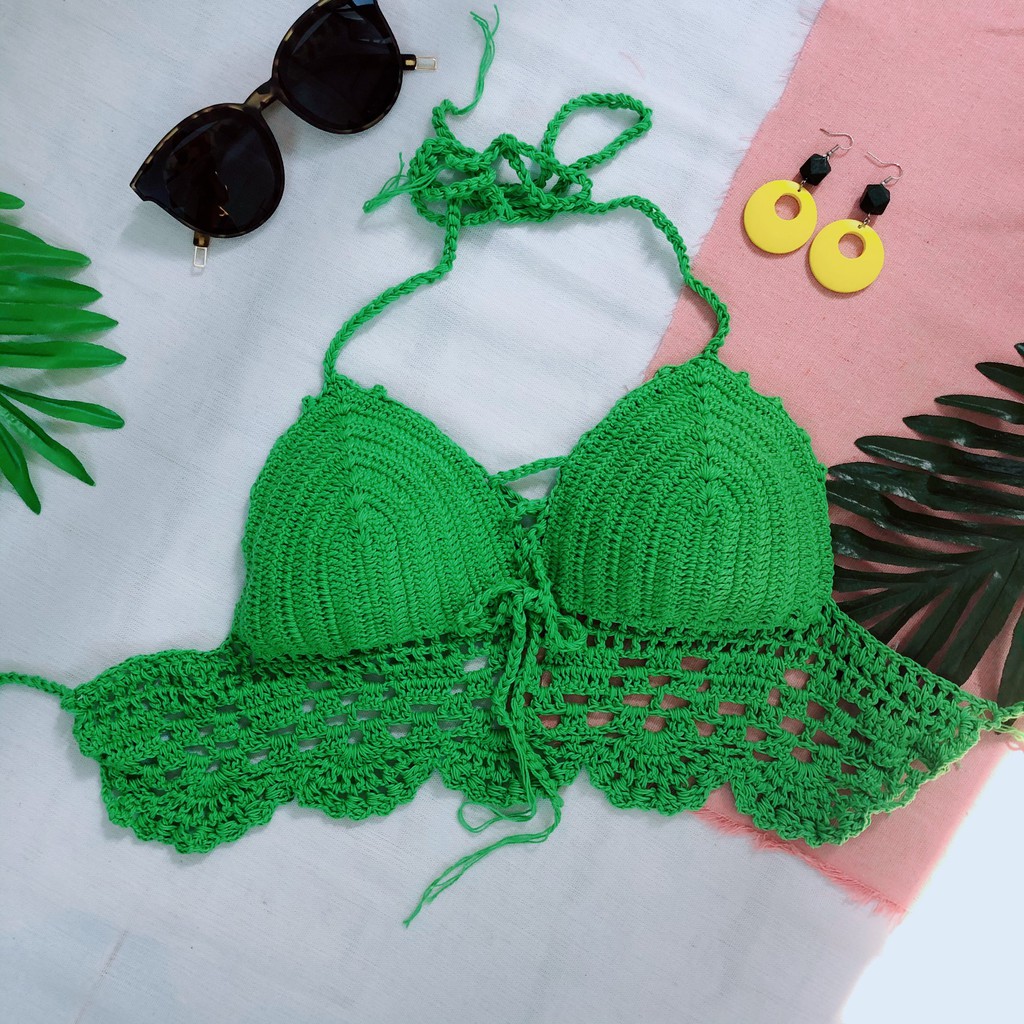 Bikini áo bơi len móc xanh mặc đi biển đi bơi đẹp