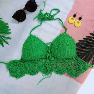 Bikini áo bơi len móc xanh mặc đi biển đi bơi đẹp