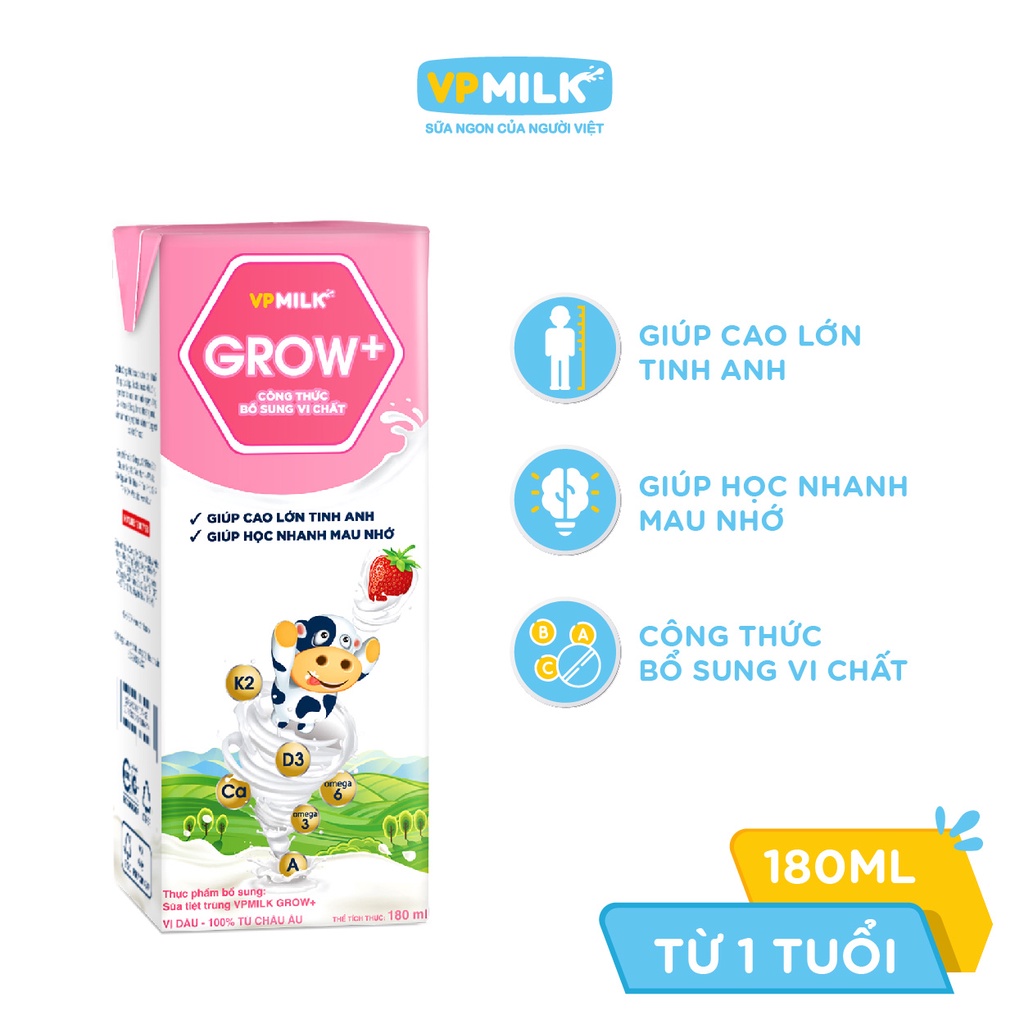 Sữa tiệt trùng VPMilk Grow+ Vị Dâu, Vị Chuối 180ml (lốc 4 hộp)