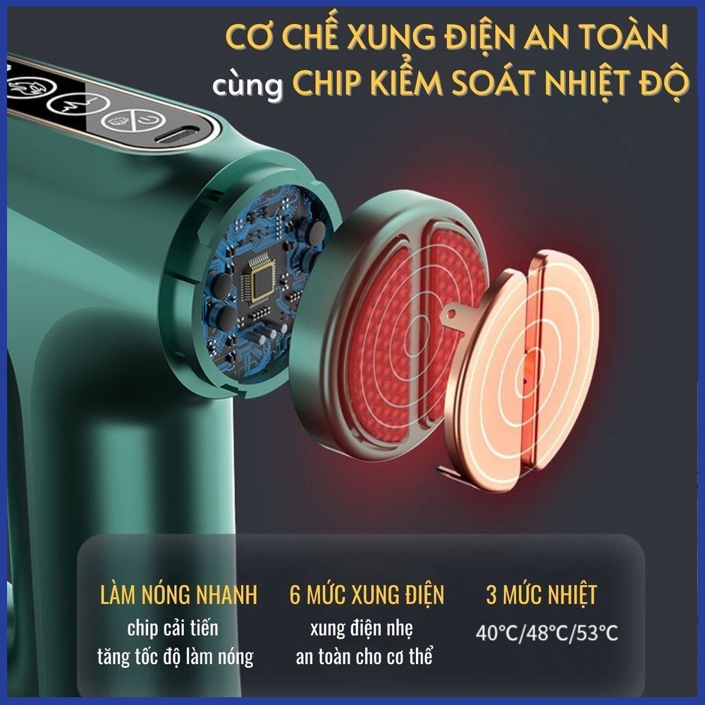 Máy massage cầm tay METAMO 4 đầu 12 cấp độ nóng xung điện trị đau nhức toàn thân hiệu quả, súng massage kèm 4 đầu mát xa
