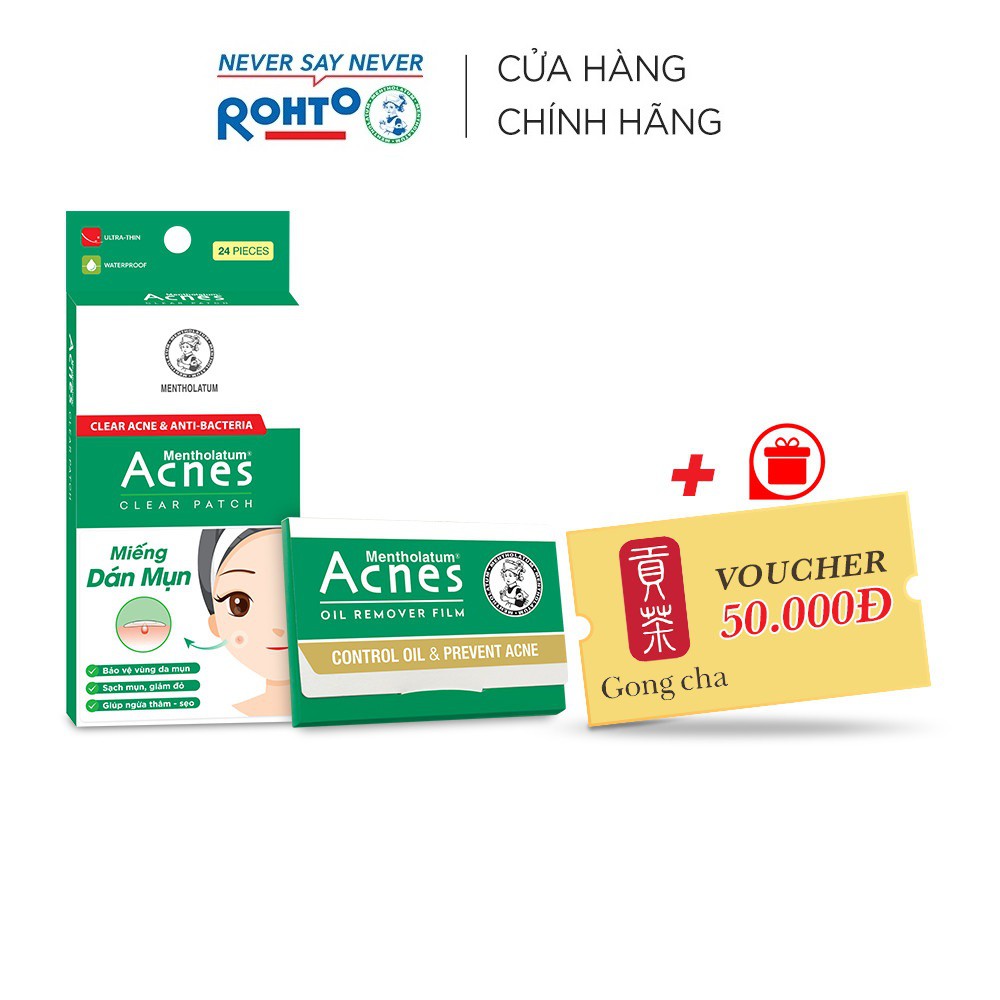 Combo miếng dán mụn Acnes Clear Patch 24 miếng & Phim thấm dầu Oil Remover Film 50 tờ + Tặng Voucher Gongcha 50K