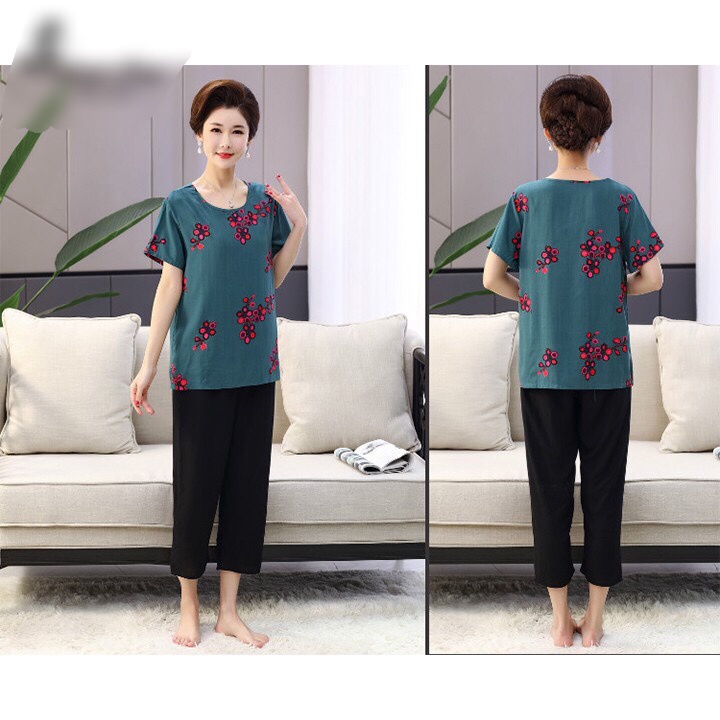 Bộ mặc nhà trung niên cách tân vải cotton lụa, áo ngắn tay quần lửng sang trong lịch sự cho bà cho mẹ (Mã N)