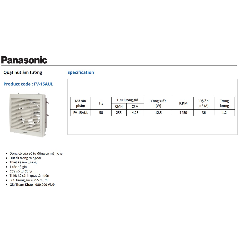 Quạt hút âm tường Panasonic - FV-15AUL