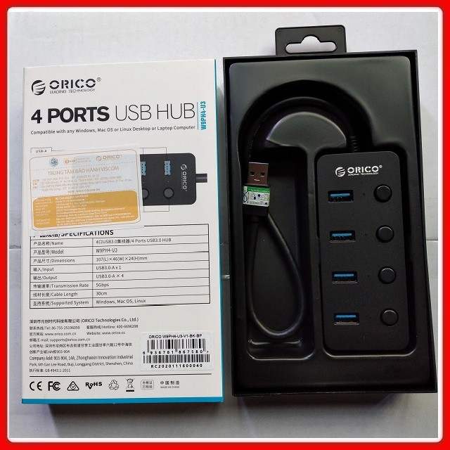 Bộ chia USB 3.0 ORICO W9PH4-U3-BK Hub 4 Cổng Có Công Tắc Riêng Màu Đen - Hàng Chính Hãng BH 12 Tháng Viscom