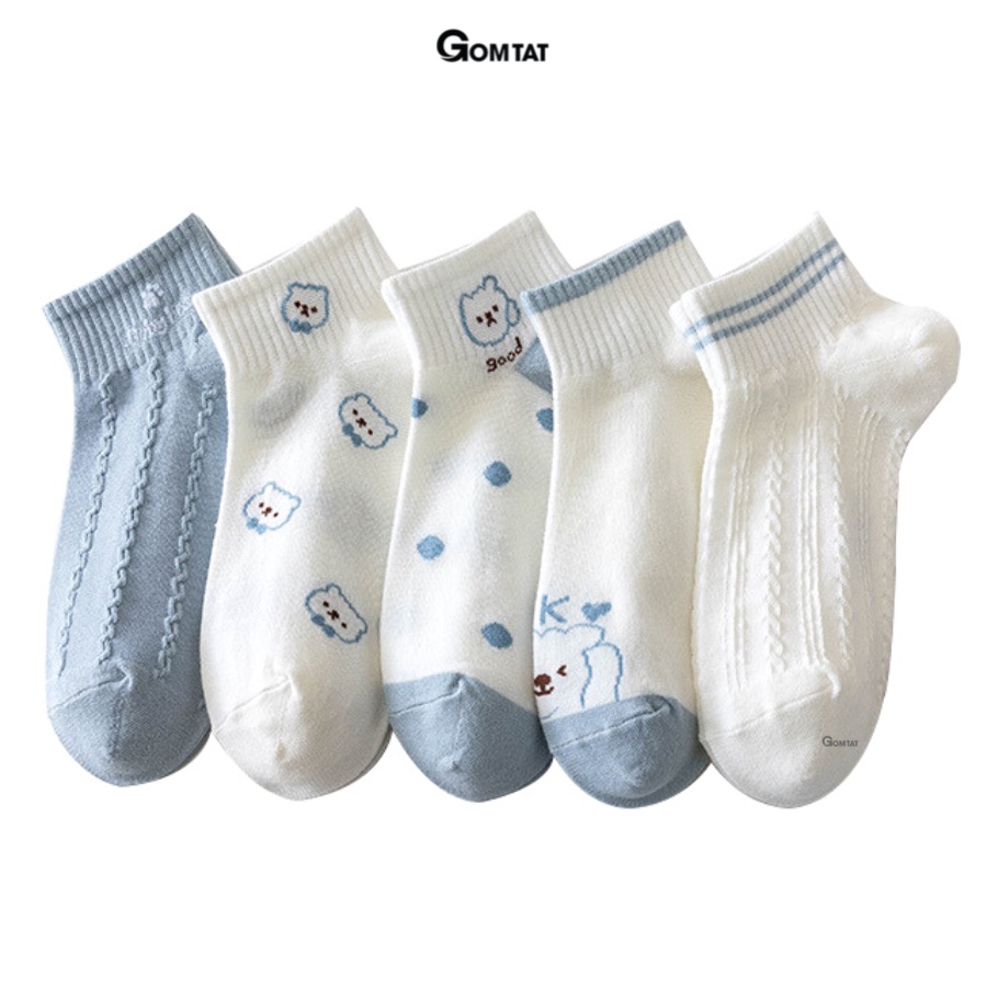 Set 5 đôi vớ cổ thấp nữ GOMTAT hoạ tiết dễ thương, chất liệu cotton dày dặn êm ái, ôm chân không bó chặt  -CB089