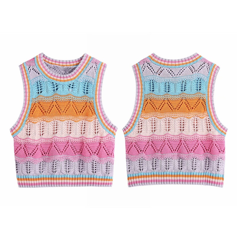 Áo Len Croptop Không Tay Họa Tiết Sọc Cầu Vồng Thời Trang Cho Nữ