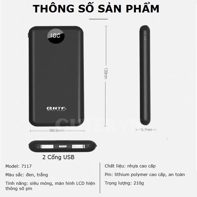 Pin Sạc dự phòng 10000mah 2 cổng usb sạc nhanh thông minh 2.1a – Gutek Q7117