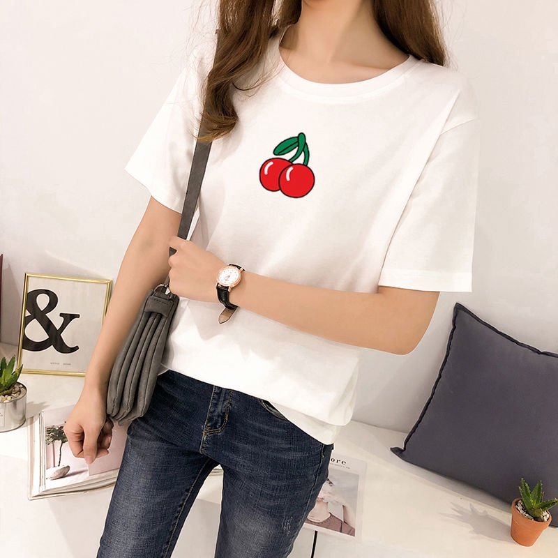 Áo Thun Tay Ngắn Unisex Cổ Tròn In Hình Quả Cherry Phong Cách Harajuku