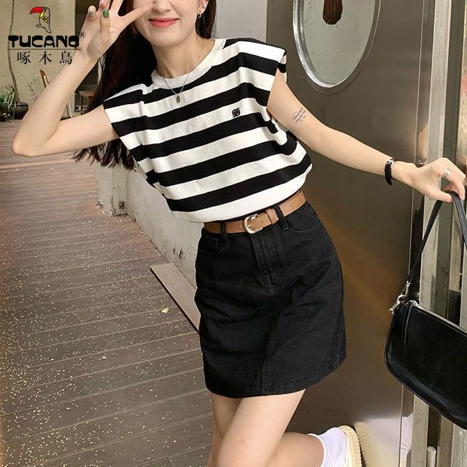Áo Thun Sát Nách Dáng Rộng Họa Tiết Kẻ Sọc Thời Trang Mùa Hè Cho Nữ