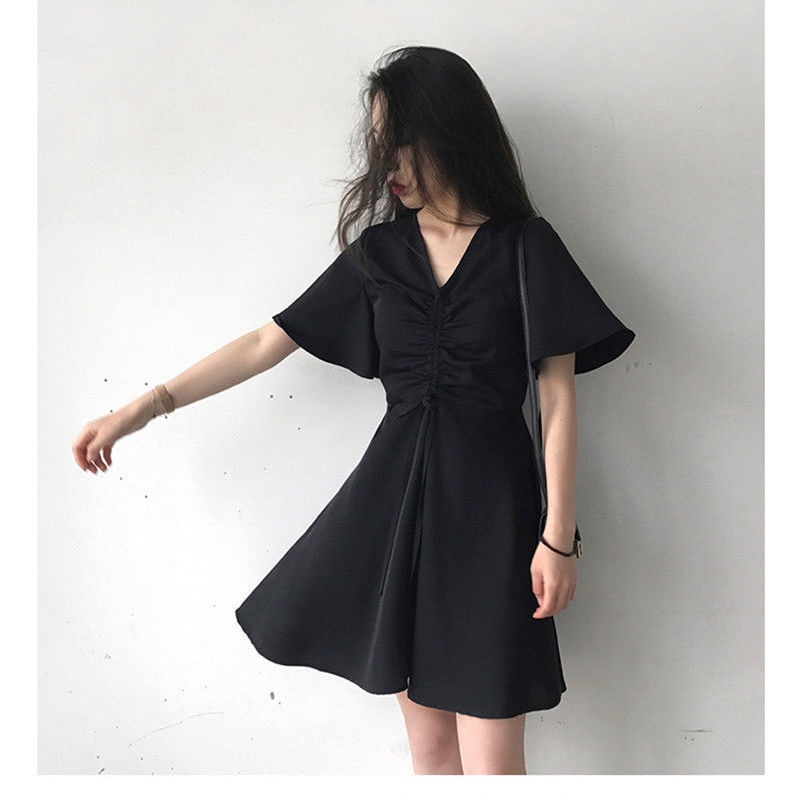 Đầm tay ngắn dáng chữ a màu đen phong cách retro thời trang pháp mùa hè cho nữ