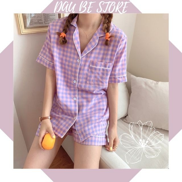 [Ảnh Thật] Bộ Ngủ Nữ Họa Tiết Caro Hàn Quốc Ulzzang Cute Form Rộng - Pijama Hè Đồ Mặc Nhà Quần Đùi Hot Trend -Daube-S009